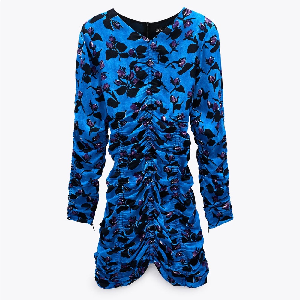 NWT Zara draped blue floral print mini dress - Picture 2 of 13